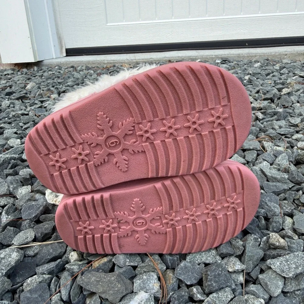 Pink Faux Suede Winter Boots with Faux Fur Trim and Button Detail Size 6